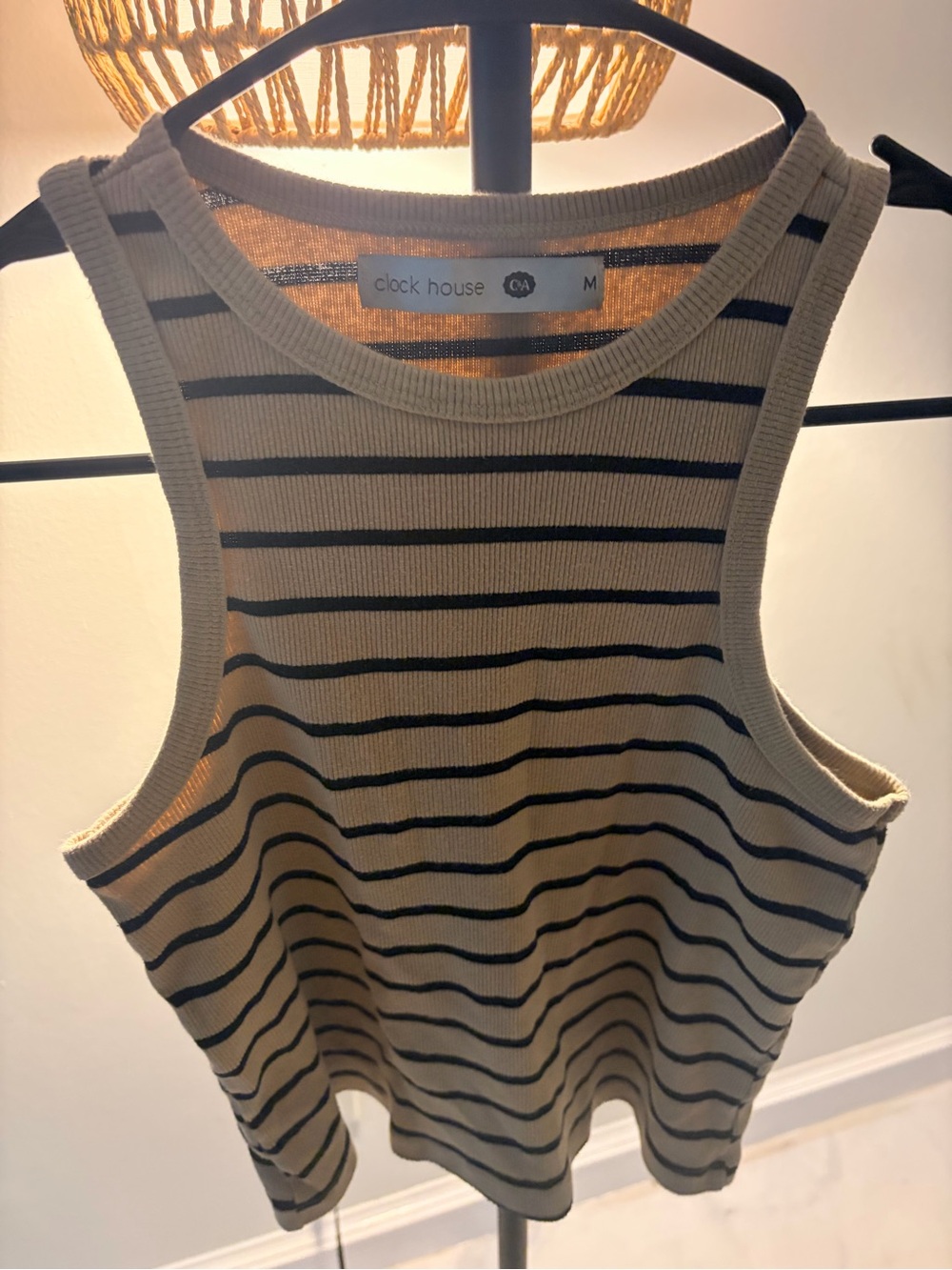 Clock House Women's Beige and Black Striped Ribbed Tank Top